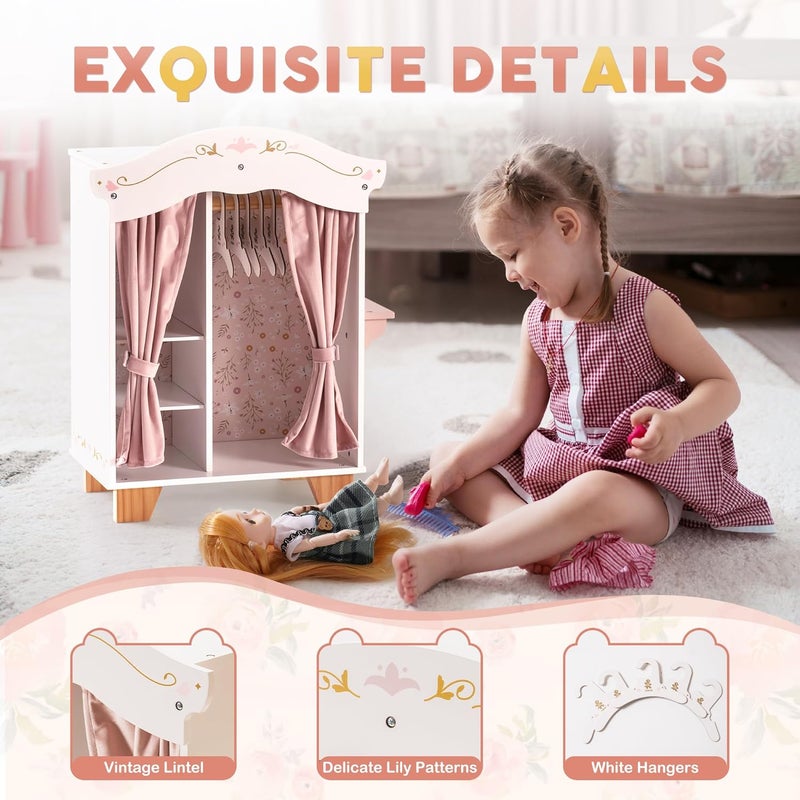 ROBUD Wooden Play Armoire Closet for Dolls, Doll Closet Furniture Wardrobe with 5 Hangers, Mirror, Velvet Curtains, Fit for 16-20in American Girl Doll Clothes, Gift for Boys & Girls, 3+ - Image 4